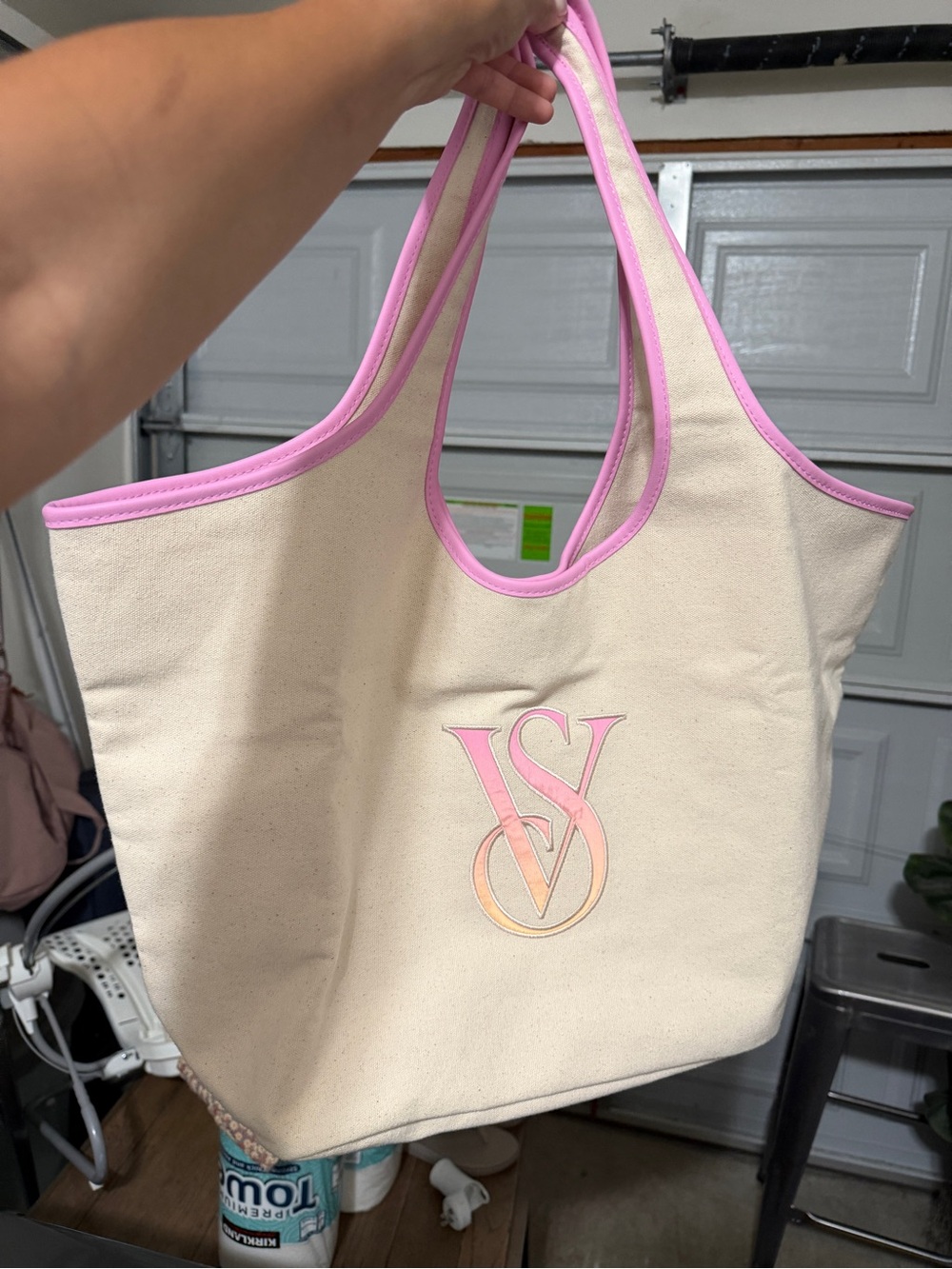 Victoria's Secret Cream Canvas Tote with Pink Trim and Gradient Logo